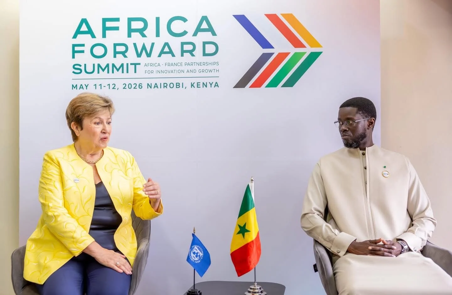 Kristalina Georgieva et Bassirou Diomaye Faye lors d'un échange sur la dette et les réformes économiques