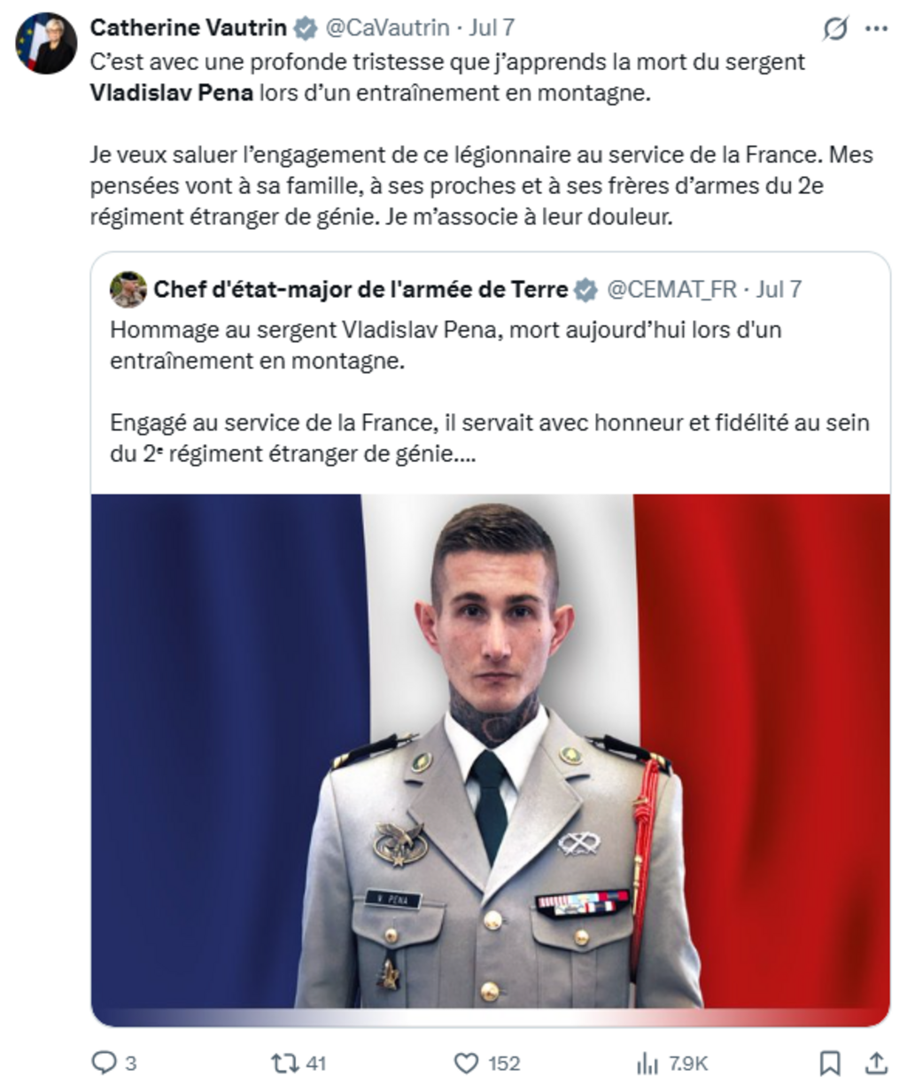 Capture des publications officielles annonçant la mort du Sergent Pena en France