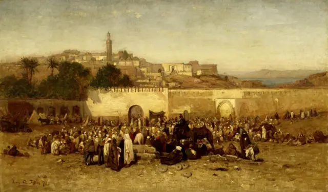 Scène du marché de Tanger au XIXe siècle, illustrant les échanges commerciaux entre le Maroc et l’Europe.